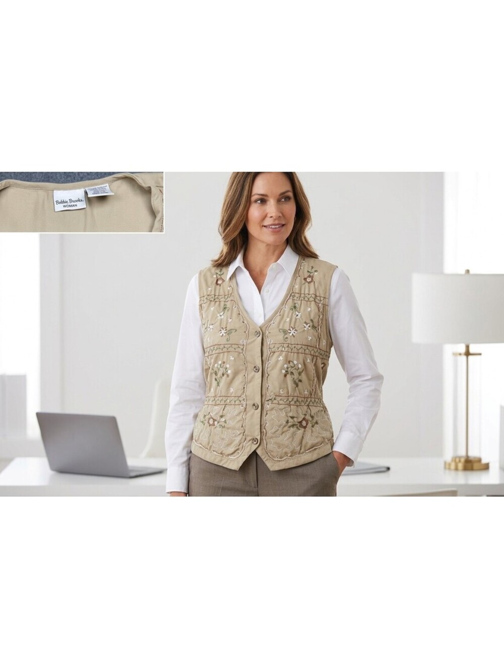 VTG Bobbie Brooks Embroidered Vest Khaki Floral Patchwork GUC 22W 24W
